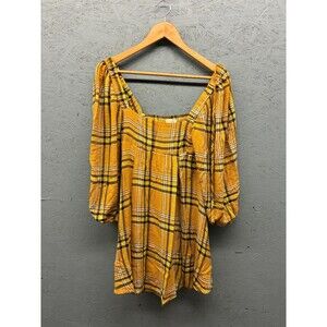 Urban‎ Outfitters Dress Women’s XS Yellow Plaid Puff Sleeve Square Neck Boho NWT